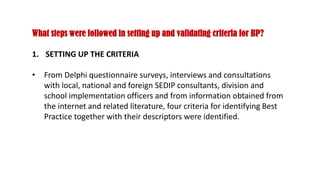 What steps were followed in setting up and validating criteria for BP?
1. SETTING UP THE CRITERIA
• From Delphi questionnaire surveys, interviews and consultations
with local, national and foreign SEDIP consultants, division and
school implementation officers and from information obtained from
the internet and related literature, four criteria for identifying Best
Practice together with their descriptors were identified.
 