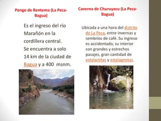 Pongo de Rentema (La Peca-
Bagua)
Es el ingreso del río
Marañón en la
cordillera central.
Se encuentra a solo
14 km de la ciudad de
Bagua y a 400 msnm.
Caverna de Churuyacu (La Peca-
Bagua)
Ubicada a una hora del distrito
de La Peca, entre invernas y
sembríos de café. Su ingreso
es accidentado, su interior
con grandes y estrechos
pasajes, gran cantidad de
estalactitas y estalagmitas.
 