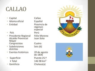 CALLAO
• Capital Callao
• Idioma oficial Español
• Entidad Provincia de
régimen
especial
• País Perú
• Presidente Regional Félix Moreno
Alcalde Provincial Juan Soto
Mayor
Congresistas Cuatro
• Subdivisiones Seis (6)
distritos
• Eventos históricos 20 de agosto
de 1836
• Superficie Puesto 25.º
• Total 146 98 km²
• Gentilicio Chalaco(a)
 