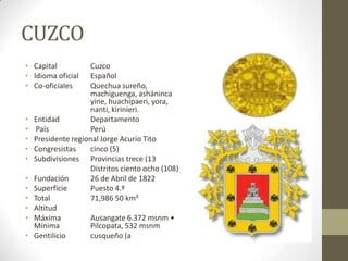 CUZCO
• Capital Cuzco
• Idioma oficial Español
• Co-oficiales Quechua sureño,
machiguenga, asháninca
yine, huachipaeri, yora,
nanti, kirinieri.
• Entidad Departamento
• País Perú
• Presidente regional Jorge Acurio Tito
• Congresistas cinco (5)
• Subdivisiones Provincias trece (13
Distritos ciento ocho (108)
• Fundación 26 de Abril de 1822
• Superficie Puesto 4.º
• Total 71,986 50 km²
• Altitud
• Máxima Ausangate 6.372 msnm •
Mínima Pilcopata, 532 msnm
• Gentilicio cusqueño (a
 