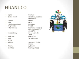 HUANUCO
• Capital Huánuco
• Idioma oficial castellano, quechua
(ancashino)
• Entidad Región
• País Perú
• Presidente regional Luis Picon
Congresistas tres (3)
• Subdivisiones Provincias once (11)
Distritos setenta y
cinco (75)
• Fundación ley 24 de enero de
1869
• Superficie Puesto 11.º
• Total 36,848 85 km²
• Altitud
• Máxima Jirishjanca - 6.094
msnm
• Mínima n/d msnm
Gentilicio huanuqueño(a)
 