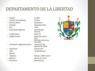DEPARTAMENTODE LA LIBERTAD
• Capital Trujillo
• Ciudad más poblada Trujillo
• Idioma oficial Castellano
• Entidad Departamento
• País Perú
• Presidente regional Jose Murgia
Zannier
• Congresistas siete (7)
• Subdivisiones Provincias doce
(12)
Distritos ochenta y
tres (83)
• Fundación reglamento prov. Huaura12 de
febrero de 1821
• Superficie Puesto 16.º
• Total 25,499 90 km²
• Altitud
• Máxima Bolívar, 4.696 msnm
• Mínima playas, 0 msnm
• Gentilicio liberteño (a)
 