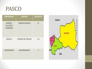 PASCO
PROVINCIA CAPITAL DISTRITO
DANIEL
ALCIDES
CARRION
YAMAHUANCA 8
PASCO CERRO DE PASCO 13
OXAPAMPA OXAPAMAPA 7
 