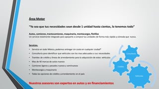 Vehículos
Crédito
Consultoría
Área Motor
“Ya sea que tus necesidades sean desde 1 unidad hasta cientos, lo tenemos todo”
Autos, camiones, tractocamiones, maquinaria, montacargas, flotillas
Un servicio totalmente integrado para apoyarte a comprar tus unidades de forma más rápida y cómoda que nunca.
Servicios.
• Servicio en todo México, podemos entregar sin costo en cualquier ciudad*
• Consultoría para identificar que vehículos son los mas adecuados a sus necesidades
• Tramites de crédito y líneas de arrendamiento para la adquisición de estos vehículos
• Mas de 40 marcas de autos nuevos
• Camiones ligeros y pesados nuevos y seminuevos
• Montacargas y maquinaria
• Todas las opciones de crédito y arrendamiento en el país
Nuestros asesores son expertos en autos y en financiamientos
 