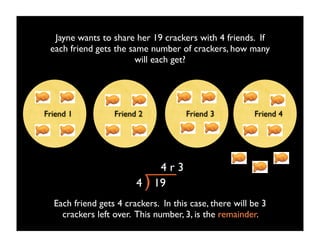 Jayne wants to share her 19 crackers with 4 friends. If
 each friend gets the same number of crackers, how many
                       will each get?




Friend 1          Friend 2            Friend 3          Friend 4




                              4r3
                        4    19
  Each friend gets 4 crackers. In this case, there will be 3
    crackers left over. This number, 3, is the remainder.
 