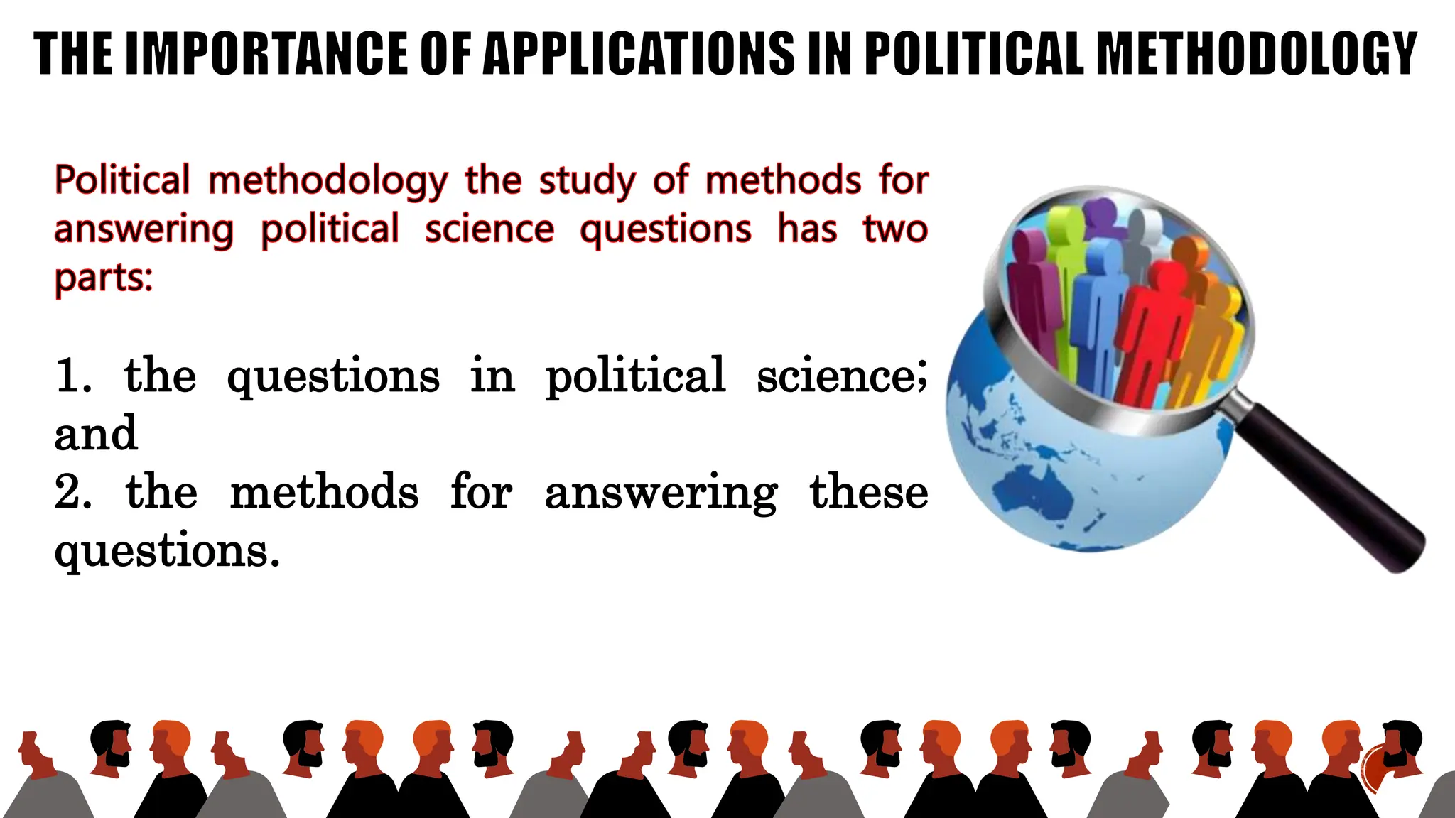 1. the questions in political science;
and
2. the methods for answering these
questions.
 