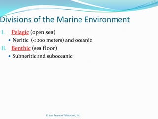 © 2011 Pearson Education, Inc.
Divisions of the Marine Environment
I. Pelagic (open sea)
 Neritic (< 200 meters) and oceanic
II. Benthic (sea floor)
 Subneritic and suboceanic
 
