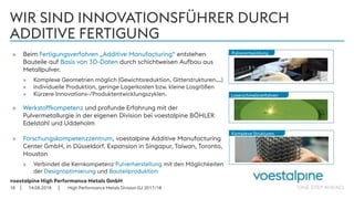 voestalpine High Performance Metals GmbH
| |
WIR SIND INNOVATIONSFÜHRER DURCH
ADDITIVE FERTIGUNG
» Beim Fertigungsverfahren „Additive Manufacturing“ entstehen
Bauteile auf Basis von 3D-Daten durch schichtweisen Aufbau aus
Metallpulver.
» Komplexe Geometrien möglich (Gewichtsreduktion, Gitterstrukturen,…)
» individuelle Produktion, geringe Lagerkosten bzw. kleine Losgrößen
» Kürzere Innovations-/Produktentwicklungszyklen.
» Werkstoffkompetenz und profunde Erfahrung mit der
Pulvermetallurgie in der eigenen Division bei voestalpine BÖHLER
Edelstahl und Uddeholm
» Forschungskompetenzzentrum, voestalpine Additive Manufacturing
Center GmbH, in Düsseldorf. Expansion in Singapur, Taiwan, Toronto,
Houston
» Verbindet die Kernkompetenz Pulverherstellung mit den Möglichkeiten
der Designoptimierung und Bauteilproduktion
14.08.201818
Komplexe Strukturen
Laserschmelzverfahren
Pulverentwicklung
High Performance Metals Division GJ 2017/18
 