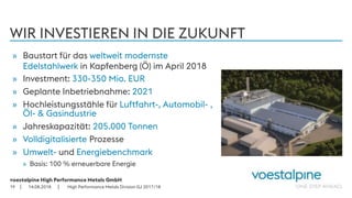 voestalpine High Performance Metals GmbH
| |
WIR INVESTIEREN IN DIE ZUKUNFT
» Baustart für das weltweit modernste
Edelstahlwerk in Kapfenberg (Ö) im April 2018
» Investment: 330-350 Mio. EUR
» Geplante Inbetriebnahme: 2021
» Hochleistungsstähle für Luftfahrt-, Automobil- ,
Öl- & Gasindustrie
» Jahreskapazität: 205.000 Tonnen
» Volldigitalisierte Prozesse
» Umwelt- und Energiebenchmark
» Basis: 100 % erneuerbare Energie
14.08.201819 High Performance Metals Division GJ 2017/18
 