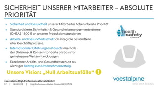 voestalpine High Performance Metals GmbH
| |
SICHERHEIT UNSERER MITARBEITER – ABSOLUTE
PRIORITÄT
14.08.201827
» Sicherheit und Gesundheit unserer Mitarbeiter haben oberste Priorität
» Standardisierte Sicherheits- & Gesundheitsmanagementsysteme
(OHSAS 18001) an unseren Produktionsstandorten
» Arbeits- und Gesundheitsschutz als integrale Bestandteile
aller Geschäftsprozesse.
» Internationaler Erfahrungsaustausch innerhalb
der Divisions- & Konzernstandorte als Basis für
gemeinsame Weiterentwicklungen.
» Exzellenter Arbeits- und Gesundheitsschutz als
wichtiger Beitrag zum Unternehmenserfolg.
Unsere Vision: „Null Arbeitsunfälle“ !
High Performance Metals Division GJ 2017/18
 