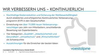 voestalpine High Performance Metals GmbH
| |
WIR VERBESSERN UNS – KONTINUIERLICH
12.09.201727
» Nachhaltige Kostenreduktion und Sicherung der Wettbewerbsfähigkeit
durch etabliertes und erfolgreiches Kontinuierliches Verbesserungs-
programm (KVP) in den Gesellschaften
» Einreichung von über 15.000 neuen Verbesserungs-
vorschlägen pro Jahr von Mitarbeitern, anschließende
Bewertung von Expertenteams
» Vier Kategorien: „Qualität“, „Arbeitssicherheit und
Gesundheit“, „Umweltschutz“ und „Wirtschaftlichkeit“
als Schwerpunkte
» Auszeichnungen für die Einreicher der besten Ideen
High Performance Metals Division GJ 2016/17
 