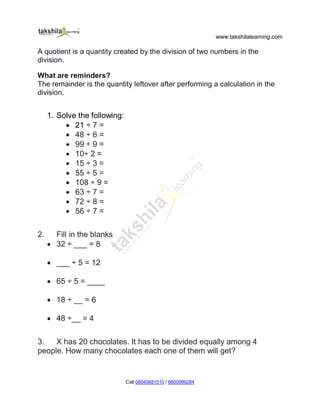 Division Worksheet for Class 3 Maths | PDF