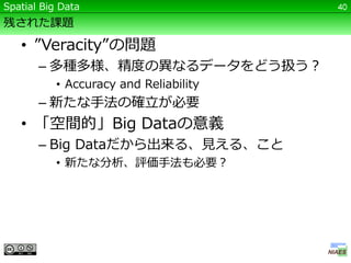 Spatial Big Data                        40

残された課題

   • ”Veracity”の問題
       – 多種多様、精度の異なるデータをどう扱う？
           • Accuracy and Reliability
       – 新たな手法の確立が必要
   • 「空間的」Big Dataの意義
       – Big Dataだから出来る、見える、こと
           • 新たな分析、評価手法も必要？
 