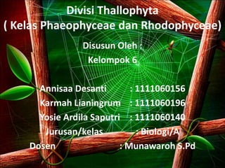 Divisi Thallophyta
( Kelas Phaeophyceae dan Rhodophyceae)
Disusun Oleh :
Kelompok 6
Annisaa Desanti : 1111060156
Karmah Lianingrum : 1111060196
Yosie Ardila Saputri : 1111060140
Jurusan/kelas : Biologi/A
Dosen : Munawaroh S.Pd
 