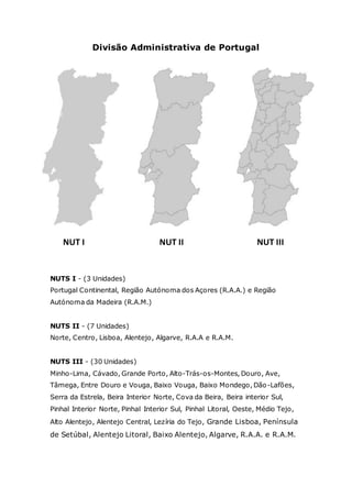 Divisão Administrativa de Portugal
NUT I NUT II NUT III
NUTS I - (3 Unidades)
Portugal Continental, Região Autónoma dos Açores (R.A.A.) e Região
Autónoma da Madeira (R.A.M.)
NUTS II - (7 Unidades)
Norte, Centro, Lisboa, Alentejo, Algarve, R.A.A e R.A.M.
NUTS III - (30 Unidades)
Minho-Lima, Cávado, Grande Porto, Alto-Trás-os-Montes, Douro, Ave,
Tâmega, Entre Douro e Vouga, Baixo Vouga, Baixo Mondego, Dão-Lafões,
Serra da Estrela, Beira Interior Norte, Cova da Beira, Beira interior Sul,
Pinhal Interior Norte, Pinhal Interior Sul, Pinhal Litoral, Oeste, Médio Tejo,
Alto Alentejo, Alentejo Central, Lezíria do Tejo, Grande Lisboa, Península
de Setúbal, Alentejo Litoral, Baixo Alentejo, Algarve, R.A.A. e R.A.M.
 