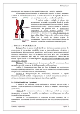 Ciclo celular


células fazem uma segunda divisão (meiose II) logo após a primeira (meiose I).
        Nesta segunda divisão o número de cromossomos é divido ao meio. Com apenas
a metade do número de cromossomos, as células são chamadas de haplóides. As células
                              em seu estágio normal são consideradas diplóides.
                                      A meiose conduz à redução do número dos
                              cromossomos a metade. A primeira divisão é a mais
                              complexa, sendo designada divisão de redução. É durante
                              esta divisão que ocorre a redução a metade do número de
                              cromossomos. Na primeira fase, os cromossomos
                              emparelham e trocam material genético (entre
                              cruzamento ou crossing-over), antes de separar-se em
                              duas células filhas. Cada um dos núcleos destas células
                              filhas tem só metade do número original de
                              cromossomos. Os dois núcleos resultantes dividem-se na
                              Meiose II (ou Divisão II da Meiose), formando quatro.

A - Divisão I ou Divisão Reducional
        Prófase I: Fase de grande duração devido aos fenómenos que nela ocorrem. Os
cromossomas já com as duas cromátides tornam-se mais condensados, vai ocorrer o
emparelhamento dos cromossomas homólogos e também ocorre a permuta de material
genético (crossing- over), a troca de genes entre as células. Nesta troca, os genes são
misturados e o resultado desta troca não é uma duplicação perfeita como ocorre na
mitose. Aqui as células se dividem originando duas novas células com apenas um par de
cromossomos cada uma.
        Metáfase I: Há o desaparecimento da membrana nuclear. Os cromossomos ficam
agrupados na região equatorial da célula, associados às fibras do fuso;
        Anáfase I: Encurtamento das fibras do fuso, deslocando os cromossomos
homólogos para os polos da célula. Nessa fase não há separação do centrômero (ponto
de ligação das cromátides irmãs em um cromossomo).
        Telófase I: Desespiralização dos cromossomos, retornando ao aspecto
filamentoso, havendo também o reaparecimento do nucléolo bem como da carioteca e
divisão do citoplasma (citocinese), originando duas células haplóides.

B - Divisão II ou Divisão Equacional
        A meiose II tem início nas células resultantes da telófase I, sem que ocorra a
Interfase. Ocorre a separação dos cromatídeos. A meiose II também é constituída por
quatro fases:
         Prófase II: Os cromossomos voltam a se condensar, o nucléolo e a carioteca
desaparecem novamente. Os centríolos se duplicam e se dirigem para os polos,
formando o fuso acromático.
        Metáfase II: Os cromossomos se organizam no plano equatorial, Os 23
cromossomos subdivididos em duas cromátides unidas por um centrômero prendem-se
ao fuso.

Nathalia Fuga – CHE                                                           Página 4
 