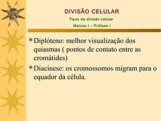DIVISÃO CELULAR
             Tipos de divisão celular
               Meiose I – Prófase I



Diplóteno: melhor visualização dos
 quiasmas ( pontos de contato entre as
 cromátides)
Diacinese: os cromossomos migram para o
 equador da célula.
 