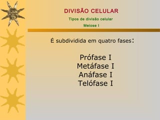 DIVISÃO CELULAR
      Tipos de divisão celular
              Meiose I



É subdividida em quatro fases:


          Prófase I
          Metáfase I
          Anáfase I
          Telófase I
 