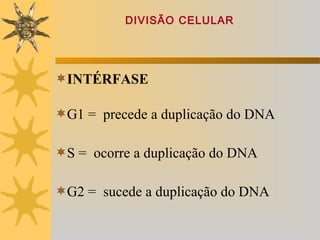 DIVISÃO CELULAR




INTÉRFASE

G1 = precede a duplicação do DNA

S = ocorre a duplicação do DNA

G2 = sucede a duplicação do DNA
 