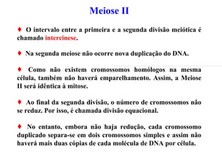 Meiose II
 O intervalo entre a primeira e a segunda divisão meiótica é
chamado intercinese.
 Na segunda meiose não ocorre nova duplicação do DNA.
 Como não existem cromossomos homólogos na mesma
célula, também não haverá emparelhamento. Assim, a Meiose
II será idêntica à mitose.
 Ao final da segunda divisão, o número de cromossomos não
se reduz. Por isso, é chamada divisão equacional.
 No entanto, embora não haja redução, cada cromossomo
duplicado separa-se em dois cromossomos simples e assim não
haverá mais duas cópias de cada molécula de DNA por célula.
 