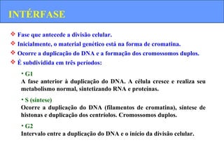 Fase que antecede a divisão celular.
 Inicialmente, o material genético está na forma de cromatina.
 Ocorre a duplicação do DNA e a formação dos cromossomos duplos.
 É subdividida em três períodos:
• G1
A fase anterior à duplicação do DNA. A célula cresce e realiza seu
metabolismo normal, sintetizando RNA e proteínas.
• S (síntese)
Ocorre a duplicação do DNA (filamentos de cromatina), síntese de
histonas e duplicação dos centríolos. Cromossomos duplos.
• G2
Intervalo entre a duplicação do DNA e o início da divisão celular.
INTÉRFASE
 