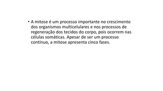 • A mitose é um processo importante no crescimento
dos organismos multicelulares e nos processos de
regeneração dos tecidos do corpo, pois ocorrem nas
células somáticas. Apesar de ser um processo
contínuo, a mitose apresenta cinco fases.
 