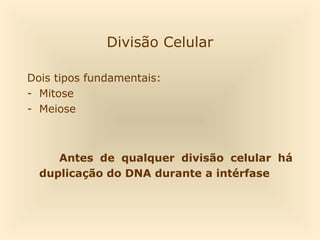 Divisão Celular
Dois tipos fundamentais:
- Mitose
- Meiose

Antes de qualquer divisão celular há
duplicação do DNA durante a intérfase

 