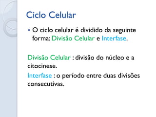 Ciclo Celular
 O ciclo celular é dividido da seguinte
forma: Divisão Celular e Interfase.
Divisão Celular : divisão do núcleo e a
citocinese.
Interfase : o período entre duas divisões
consecutivas.
 