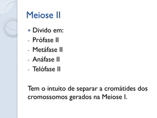 Fases da Meiose II
 Metáfase II:
- Associação dos cromossomos ao fuso;
- Tração dos cromossomos pelos
microtúbulos;
 