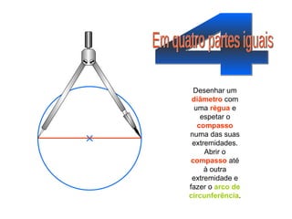 4 Em quatro partes iguais Desenhar um  diâmetro  com uma  régua  e espetar o  compasso  numa das suas extremidades. Abrir o  compasso  até à outra extremidade e fazer o  arco de circunferência . 