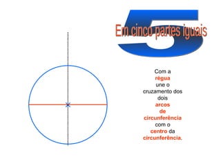 5 Em cinco partes iguais Com a régua une o cruzamento dos dois arcos de circunferência  com o centro  da  circunferência . 