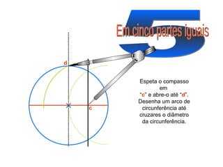 5 Em cinco partes iguais Espeta o compasso em  “ c ” e abre-o até “ d ”. Desenha um arco de circunferência até cruzares o diâmetro da circunferência. c d 