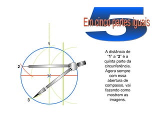 5 Em cinco partes iguais A distância de “ 1 ” a “ 2 ” é a quinta parte da circunferência. Agora sempre com essa abertura de compasso, vai fazendo como mostram as imagens. 1 2 3 