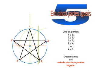 5 Em cinco partes iguais 1 2 3 5 4 Une os pontos: 1  a  3; 3  a  5; 5  a  2; 2  a  4; e 4  a  1. Desenhámos um estrela de cinco pontas regular . 