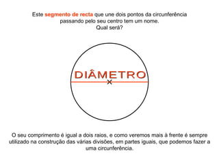 DIÂMETRO Este  segmento de recta  que une dois pontos da circunferência passando pelo seu centro tem um nome. Qual será? O seu comprimento é igual a dois raios, e como veremos mais à frente é sempre utilizado na construção das várias divisões, em partes iguais, que podemos fazer a uma circunferência. 