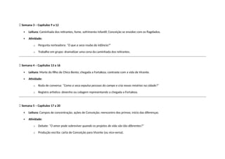 🔹 Semana 3 – Capítulos 9 a 12
 Leitura: Caminhada dos retirantes, fome, sofrimento infantil; Conceição se envolve com os flagelados.
 Atividade:
o Pergunta norteadora: “O que a seca rouba da infância?”
o Trabalho em grupo: dramatizar uma cena da caminhada dos retirantes.
🔹 Semana 4 – Capítulos 13 a 16
 Leitura: Morte do filho de Chico Bento; chegada a Fortaleza; contraste com a vida de Vicente.
 Atividade:
o Roda de conversa: “Como a seca expulsa pessoas do campo e cria novas misérias na cidade?”
o Registro artístico: desenho ou colagem representando a chegada a Fortaleza.
🔹 Semana 5 – Capítulos 17 a 20
 Leitura: Campos de concentração; ações de Conceição; reencontro dos primos; início das diferenças.
 Atividade:
o Debate: “O amor pode sobreviver quando os projetos de vida são tão diferentes?”
o Produção escrita: carta de Conceição para Vicente (ou vice-versa).
 