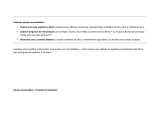 Próximos passos recomendados:
 Mapear para cada capítulo ou bloco: eventos-chave, dilemas emocionais, representações simbólicas (como a seca, a resistência, etc.).
 Elaborar perguntas de interpretação: por exemplo, “Como a seca molda o caráter de Chico Bento?” ou “O que a decisão de Conceição
revela sobre sua visão de futuro?”.
 Relacionar com o contexto histórico: o sertão nordestino de 1915, o modernismo regionalista e as tensões entre campo e cidade.
Se quiser, posso ajudá-la a desenvolver esse quadro com mais detalhes — como resumos por capítulo ou sugestões de atividades específicas
para cada grupo de capítulos. É só avisar!
Quadro esquemático – O Quinze (26 capítulos)
 