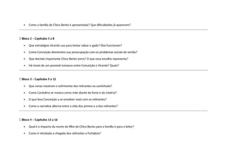  Como a família de Chico Bento é apresentada? Que dificuldades já aparecem?
🔹 Bloco 2 – Capítulos 5 a 8
 Que estratégias Vicente usa para tentar salvar o gado? Elas funcionam?
 Como Conceição demonstra sua preocupação com os problemas sociais do sertão?
 Que decisão importante Chico Bento toma? O que essa escolha representa?
 Há sinais de um possível romance entre Conceição e Vicente? Quais?
🔹 Bloco 3 – Capítulos 9 a 12
 Que cenas mostram o sofrimento dos retirantes na caminhada?
 Como Cordulina se mostra como mãe diante da fome e da miséria?
 O que leva Conceição a se envolver mais com os retirantes?
 Como a narrativa alterna entre a vida dos primos e a dos retirantes?
🔹 Bloco 4 – Capítulos 13 a 16
 Qual é o impacto da morte do filho de Chico Bento para a família e para o leitor?
 Como é retratada a chegada dos retirantes a Fortaleza?
 