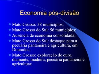 Economia pós-divisão Mato Grosso: 38 municípios; Mato Grosso do Sul: 56 municípios; Ausência de economia consolidada; Mato Grosso do Sul: destaque para a pecuária pantaneira e agricultura, em Dourados; Mato Grosso: exploração de ouro, diamante, madeira, pecuária pantaneira e agricultura; 