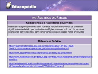 Competências e Habilidades envolvidas
Resolver situações-problema com números naturais envolvendo os diferentes
significados da divisão, por meio de estratégias pessoais e do uso de técnicas
operatórias convencionais, com compreensão dos processos nelas envolvidos
Referencial Teórico
PARÂMETROS DIDÁTICOS
http://viajarnamatematica.ese.ipp.pt/moodle/file.php/1/PFCM_2008-
2009/2_ciclo/numeros-operacoes_pdf/divisao-significados.pdf
http://www.escolakids.com/a-importancia-do-resto-da-divisao.htm
http://www.mathema.com.br/default.asp?url=http://www.mathema.com.br/reflexoes/divi
sao.html
http://revistaescola.abril.com.br/fundamental-1/entrevista-paola-tarasow-mercedes-
etchemendy-falam-ensino-divisao-678048.shtml?page=1
 