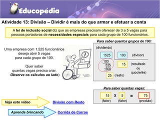 Atividade 13: Divisão – Dividir é mais do que armar e efetuar a conta
A lei de inclusão social diz que as empresas precisam oferecer de 3 a 5 vagas para
pessoas portadoras de necessidades especiais para cada grupo de 100 funcionários.
Divisão com Resto
Uma empresa com 1.525 funcionários
deseja abrir 5 vagas
para cada grupo de 100.
Quer saber
quantas vagas precisa criar.
Observe os cálculos ao lado)
Corrida de Carros
Aprenda brincando
Veja este vídeo
 