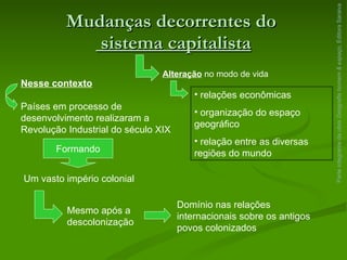 Mudanças decorrentes do   sistema capitalista Parte integrante da obra  Geografia homem & espaço , Editora Saraiva Alteração  no modo de vida relações econômicas organização do espaço geográfico relação entre as diversas regiões do mundo Nesse contexto Países em processo de desenvolvimento realizaram a Revolução Industrial do século XIX Formando Um vasto império colonial Mesmo após a  descolonização Domínio nas relações internacionais sobre os antigos povos colonizados 