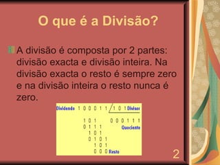 O que é a Divisão? A divisão é composta por 2 partes: divisão exacta e divisão inteira. Na divisão exacta o resto é sempre zero e na divisão inteira o resto nunca é zero. 2 