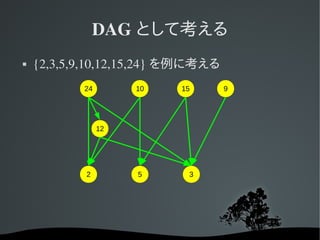 DAG として考える
   {2,3,5,9,10,12,15,24} を例に考える
           24        10   15       9




                12




            2        5     3
 
