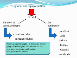 Regionalizar espaço mundial


                           Dividi-lo

Em nível de                                        Em
desenvolvimento                                    continentes

                                                             - América
          - Desenvolvidos
                                                             - Ásia
          - Subdesenvolvidos
                                                             - África
   Assim, a regionalização é a divisão do espaço
                                                             - Europa
   geográfico em regiões, em partes menores,
   com aspectos naturais, culturais e                        - Oceania
   socioeconômicos comuns.
                                                             - Antártida
 