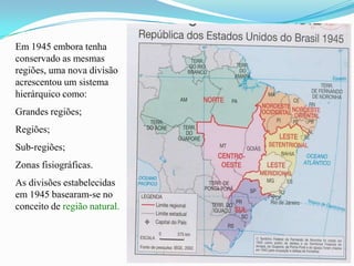Em 1945 embora tenha
conservado as mesmas
regiões, uma nova divisão
acrescentou um sistema
hierárquico como:
Grandes regiões;
Regiões;
Sub-regiões;
Zonas fisiográficas.
As divisões estabelecidas
em 1945 basearam-se no
conceito de região natural.
 