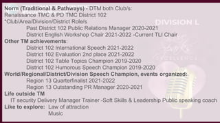 Norm (Traditional & Pathways) - DTM both Club/s:
Renaissance TMC & PD TMC District 102
*Club/Area/Division/District Role/s
Past District 102 Public Relations Manager 2020-2021
District English Workshop Chair 2021-2022 -Current TLI Chair
Other TM achievements:
District 102 International Speech 2021-2022
District 102 Evaluation 2nd place 2021-2022
District 102 Table Topics Champion 2019-2020
District 102 Humorous Speech Champion 2019-2020
World/Regional/District/Division Speech Champion, events organized:
Region 13 Quarterfinalist 2021-2022
Region 13 Outstanding PR Manager 2020-2021
Life outside TM
IT security Delivery Manager Trainer -Soft Skills & Leadership Public speaking coach
Like to explore: Law of attraction
Music
 