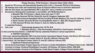 Phebe Pendon, DTM Division L Director Elect 2022-2023:
1. Started her TM Journey with Diplomatically Speaking Club in 2011, a Corporate TM Club of US Embassy.
2. TM meetings were erratic with membership issues as American Officers were on short-term deployment.
3. After the club closed, she joined Maharlika TMC in April 2017, and is a member up to present.
4. She became a Distinguished Toastmaster in June 28,2021, with TM Memberships in:
a. Maharlika TMC, D75 Division L, Manila, Home Club, April 17, 2017
b. Leng Kee Advanced TM Club, District 80, Area B3, Singapore, September 2021
c. TM Studios Advanced Specialized TM Club Founding VP-Public Relations, D33, Area D2, California, 12-16-21
d. World Travelers Advanced TM Club, Founding Member, March 11, 2022, D80, Singapore-based
e. TGIF Advanced TM Club, D33, Division C, Area C2, California, May 2022
5. Leadership Positions:
A. Club Level 1. Diplomatically Speaking Club, VP PR, 2016
2. Maharlika TM Club, a. Past Vice-President, 2018-2019 b. Past President, 2019-2020
B. Area Level Past Area Director, L3 2020-2021 Had top Leadership Positions in various organizations
6. CONTEST Participation:
1. Club Level, representing Maharlika TMC to the Area Contest, International Speech Contest, Club Winner 2019 Area Level
2. Second Place, International Speech Contest, District 33, Area B2, California, February 2022
3. Second Place, Tall Tale Speech Contest, District 33, Area B2, California, February 2022
7. Significant Professional Experiences
1. Clinical Nurse Psychologist, Program Supervisor & Pioneer in Cardiac Rehabilitation at Philippine Heart Center, 1988-2000
2. Counselor-in-Charge, Vocational Rehabilitation Counselor, US Embassy, US Veterans Affairs, 2000-2020
3. Clinical Psychologist, University of the Philippines, Varsity Sports Program, College of Human Kinetics 2022
 