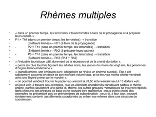 Rhèmes multiples « dans un premier temps, les terroristes s’étaient limités à faire de la propagande et à préparer leurs cadres » P1 = Th1 (dans un premier temps, les terroristes) -> transition  (S’étaient limités)-> Rh1 (à faire de la propagande) -  P2 = Th1 (dans un premier temps, les terroristes) -> transition (S’étaient limités)-> Rh2 (à préparer leurs cadres) -  P3 = Th1 (dans un premier temps, les terroristes) -> transition (S’étaient limités)-> Rh3 (Rh1 + Rh2) « l’industrie touristique pâtit durement de la récession et de la cherté du dollar ». « parmi les plus touchés figurent les adultes noirs, les jeunes de moins de vingt ans, les personnes d’origine latino-américaine ». « (parallèlement, son émission euro- obligatoire se révèle un énorme succès). Elle a été rapidement couverte en dépit de son montant volumineux, et se trouvait même offerte vendredi avec une légère prime sur le marché ». « on pourrait vendredi trouver le papier ex- warrant à 93,50 et le warrant seul à 16 dollars »etc. on peut voir, à travers ces exemples, que les éléments coordonnés constituent parfois le rhème propre, parfois seulement une partie du rhème, les autres groupes rhématiques se trouvant répétés dans chacune des phrases de base et ne pouvant être maintenus ; nous avons choisi des exemples ne présentant pas de phénomènes de subordination ; ceux-ci, à leur tour, peuvent évidemment contenir des éléments coordonnés ou entrer eux-mêmes dans une structure de coordination.  