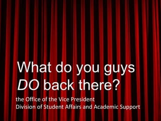 What do you guys
DO back there?
the Office of the Vice President
Division of Student Affairs and Academic Support

 